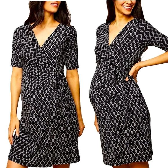 Motherhood Maternity Print Geometric Black & White Waist Tie Surplice Dress Sm - Picture 1 of 7